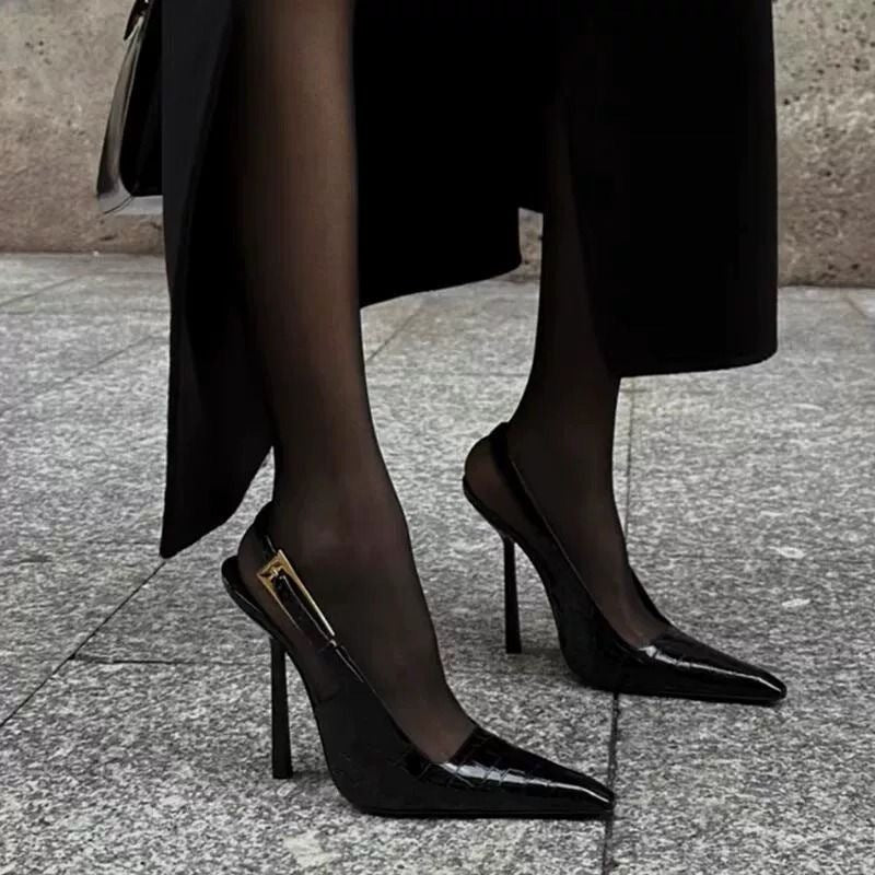 YSL inspired black golden high heel accent slingback sandals