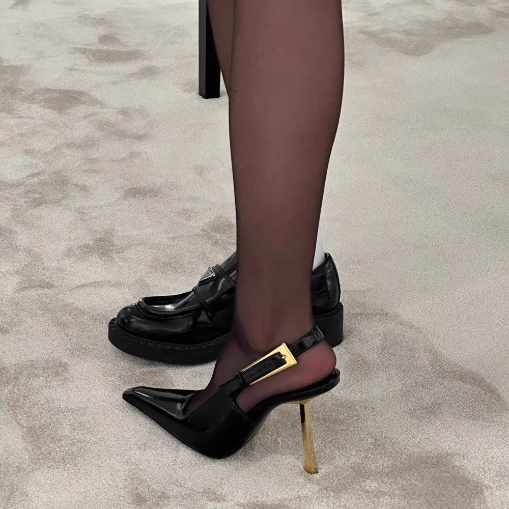 YSL inspired black golden high heel accent slingback sandals