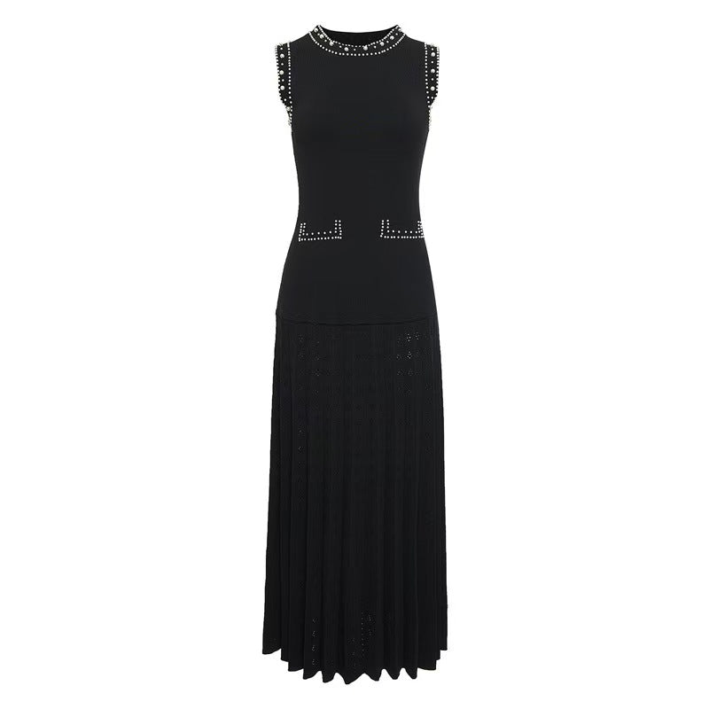 VERV Sondra Black Beaded Knit Pleated Maxi Dress