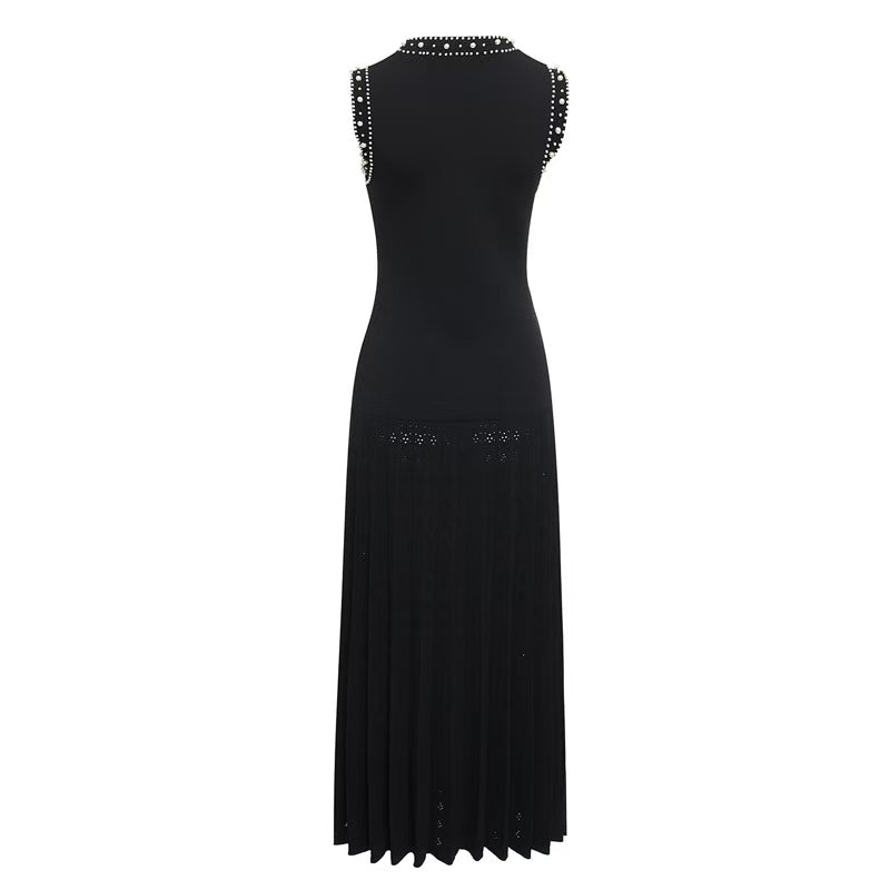 VERV Sondra Black Beaded Knit Pleated Maxi Dress