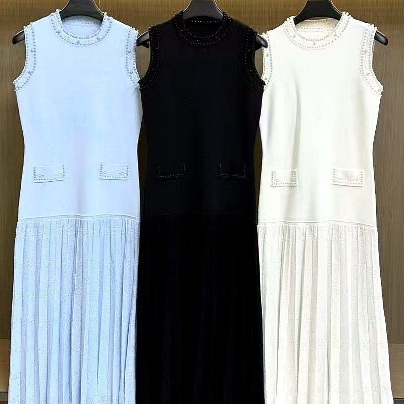 VERV Sondra Blue Beaded Knit Pleated Maxi Dress
