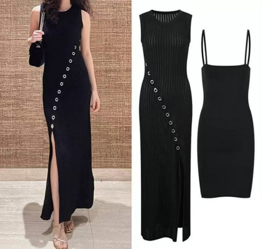 Sandro Black knit dress with button details with Slip dress for lining