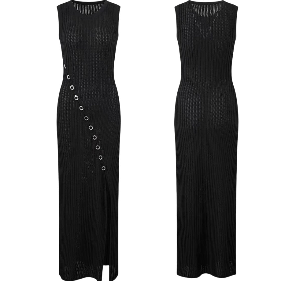 Sandro Black Sleeveless knit dress with button details with Slip dress for lining