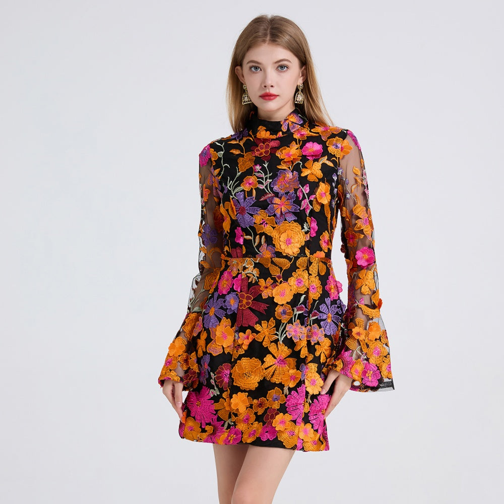 Embroidered flowers long sleeve dress speaker evening dress