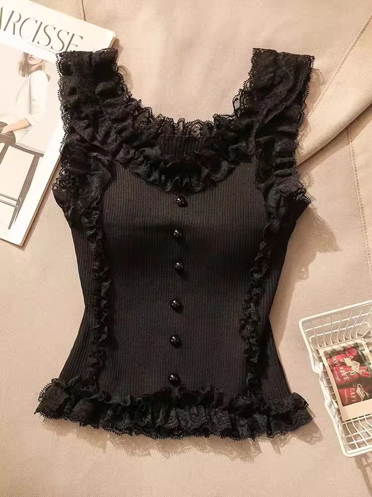 Black Ribbed Ruffles Top with Built In Bra