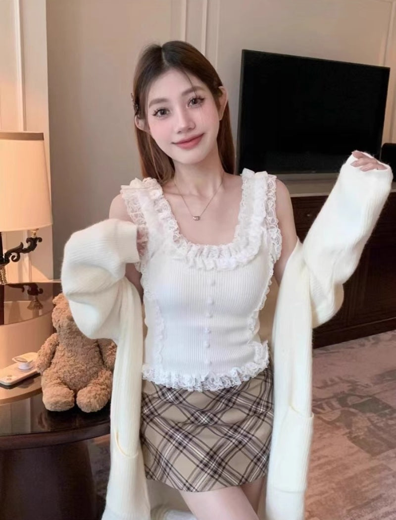 White Ribbed Ruffles Top with Built In Bra