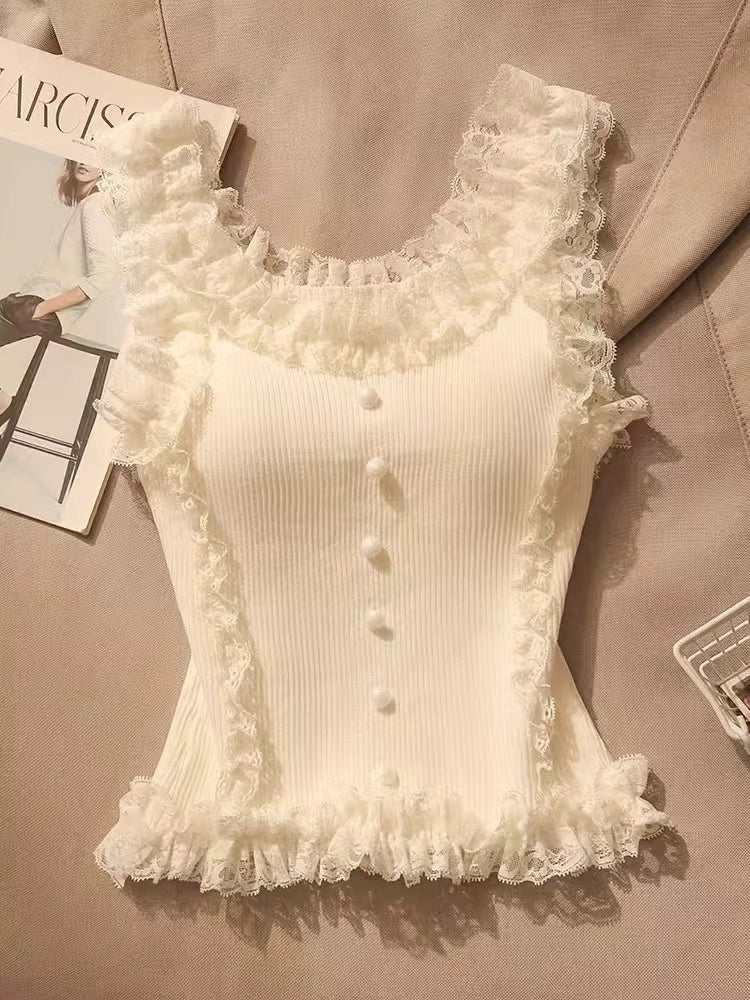 White Ribbed Ruffles Top with Built In Bra