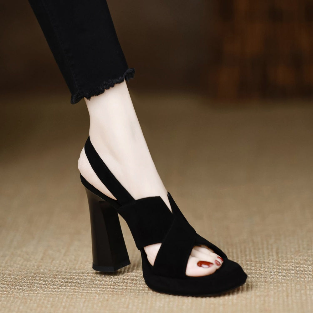 Sienna Black Cross-Strap Platform Block Heel Sandals