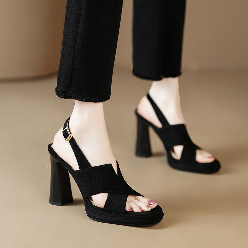 Sienna Black Cross-Strap Platform Block Heel Sandals