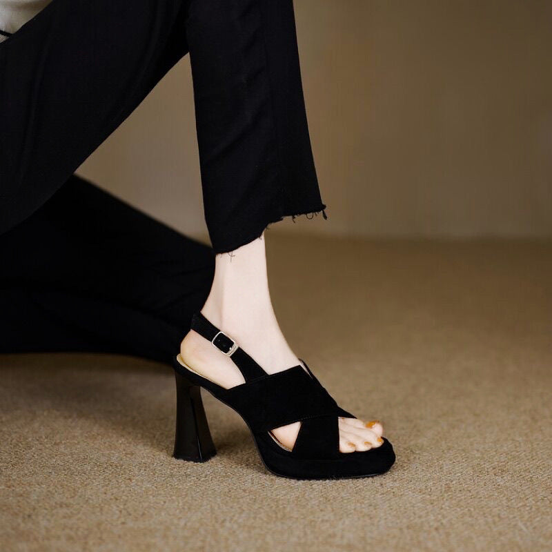 Sienna Black Cross-Strap Platform Block Heel Sandals