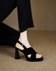 Sienna Black Cross-Strap Platform Block Heel Sandals