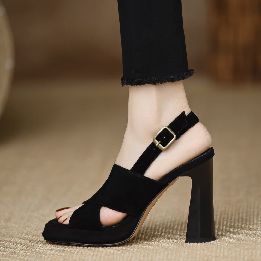 Sienna Black Cross-Strap Platform Block Heel Sandals