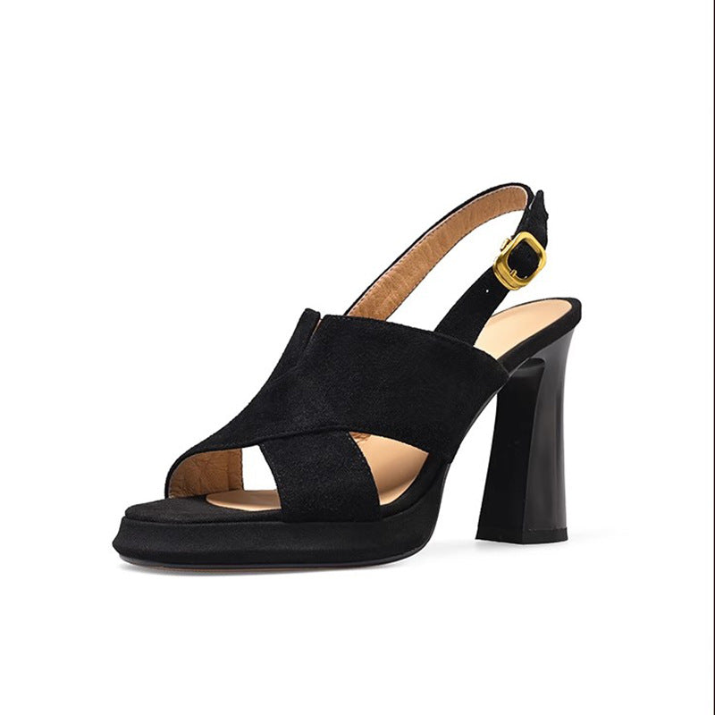 Sienna Black Cross-Strap Platform Block Heel Sandals