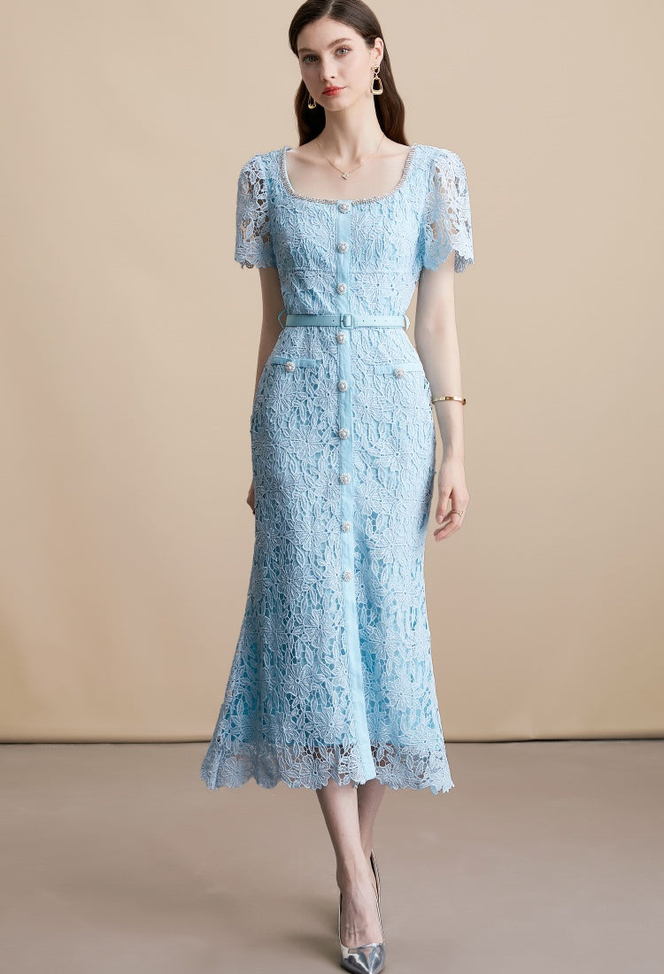 Blue classy Chanel style Lace Midi dress with belt