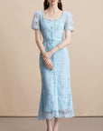 Alaina Luxe Midi Dress With Belt in Blue