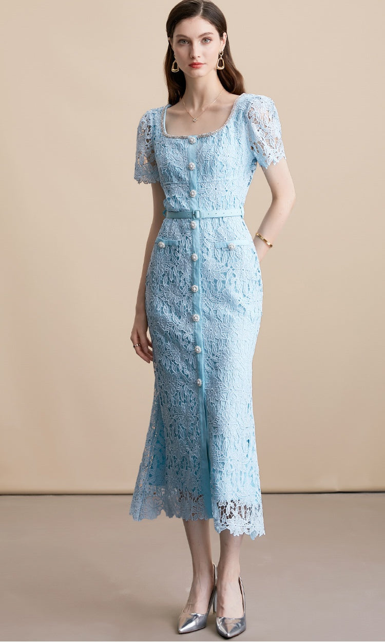 alaina midi dress Alaina Luxe Midi Dress With Belt in Blue VRV LABEL