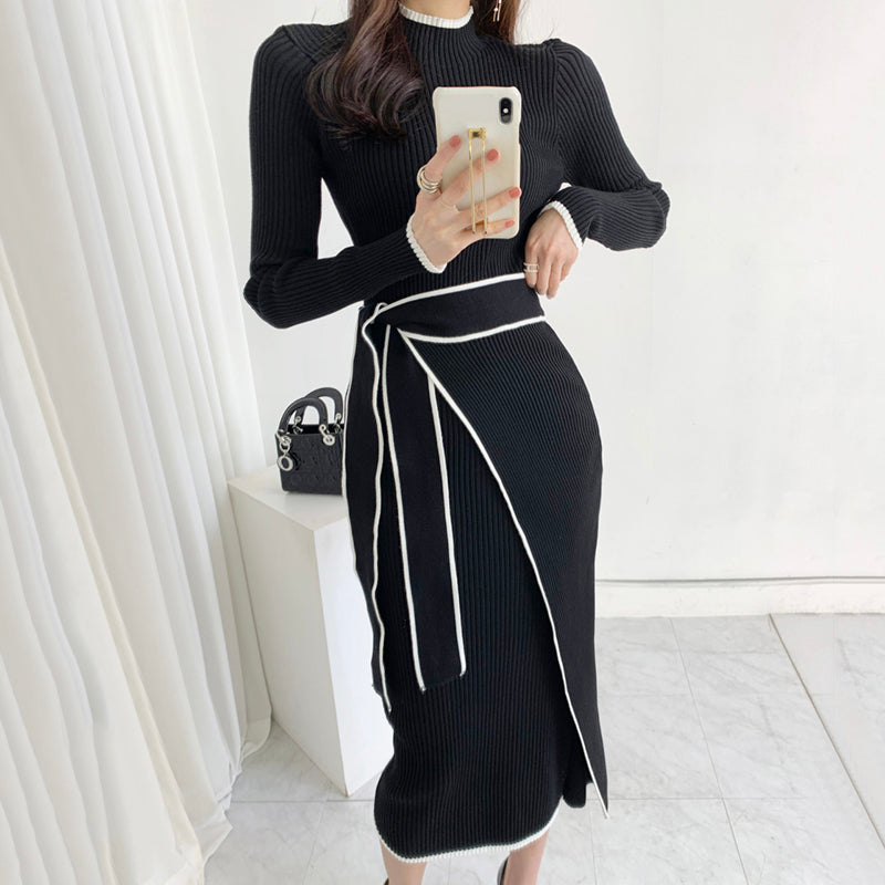 Knit Ribbed Wrap Midi Dress