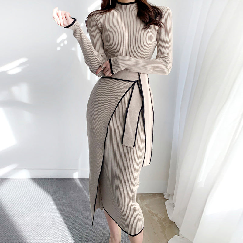 Knit Ribbed Wrap Midi Dress