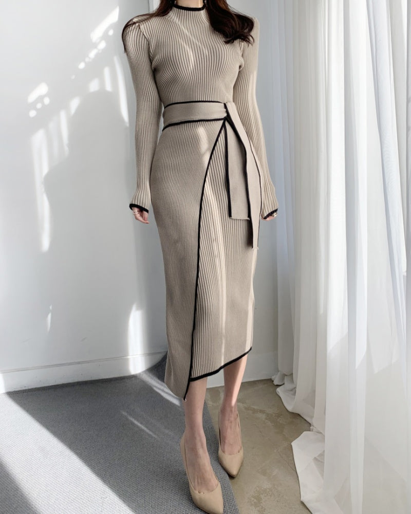 Knit Ribbed Wrap Midi Dress