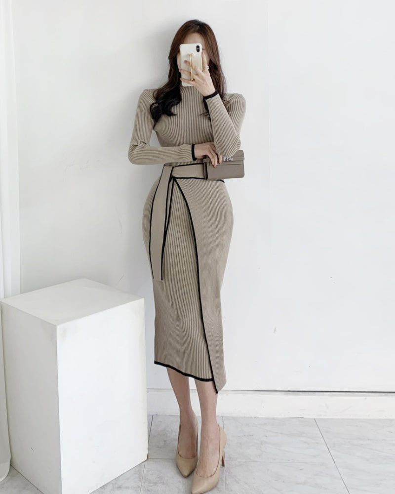 Knit Ribbed Wrap Midi Dress