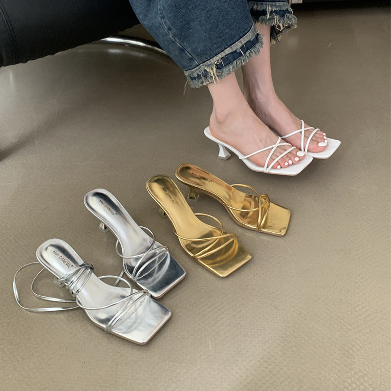 Lace up open kitten heels