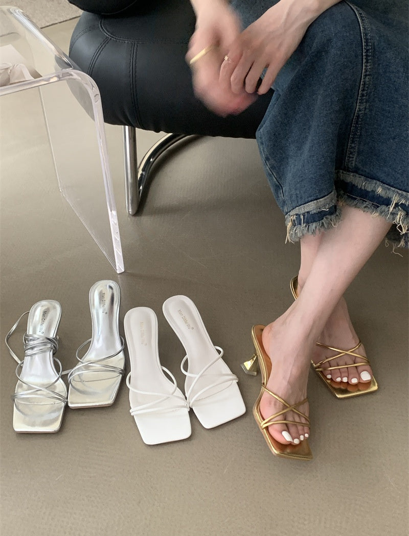 Lace up open kitten heels