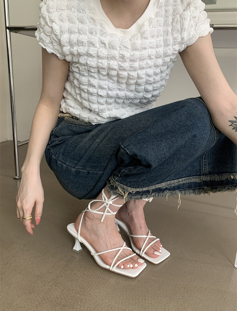 Lace up open kitten heels