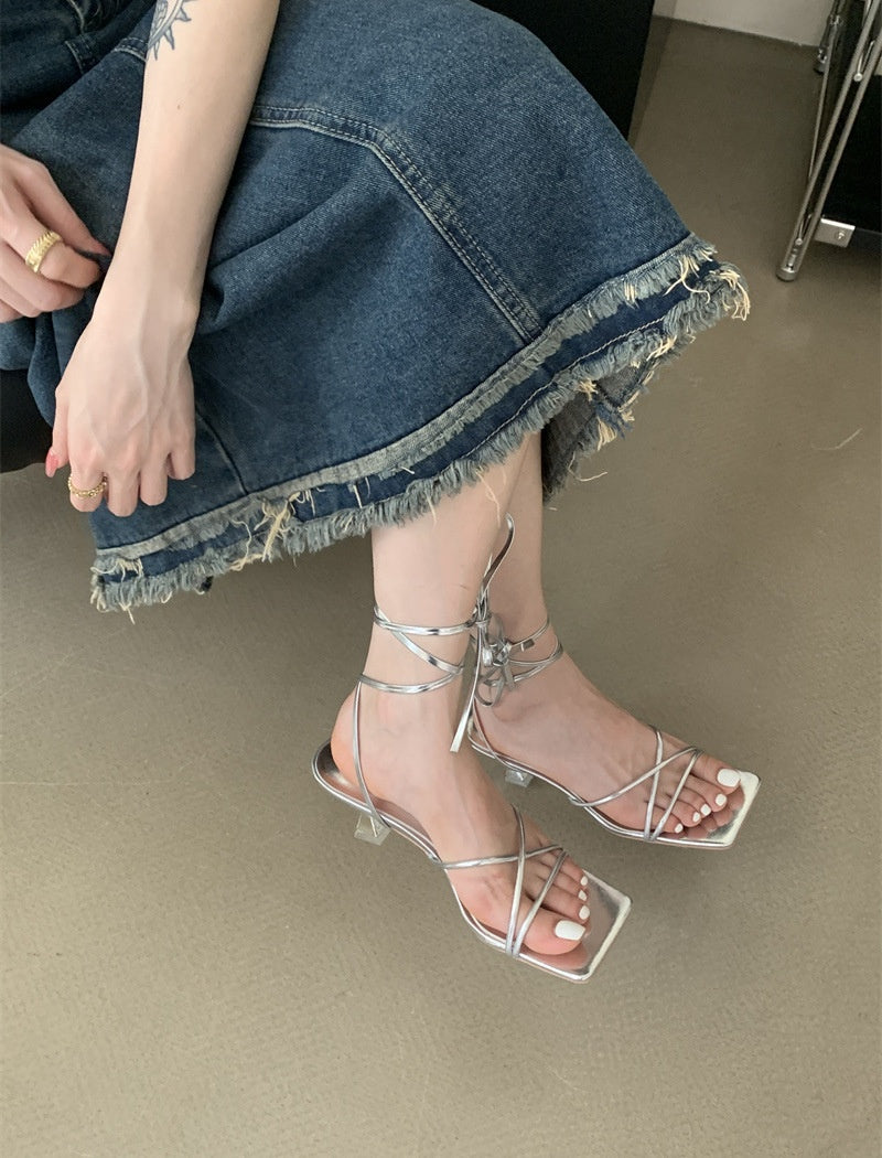 Lace up open kitten heels