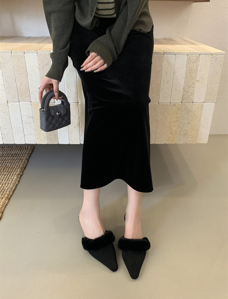 Velvet Furry Kitten Heels Mules