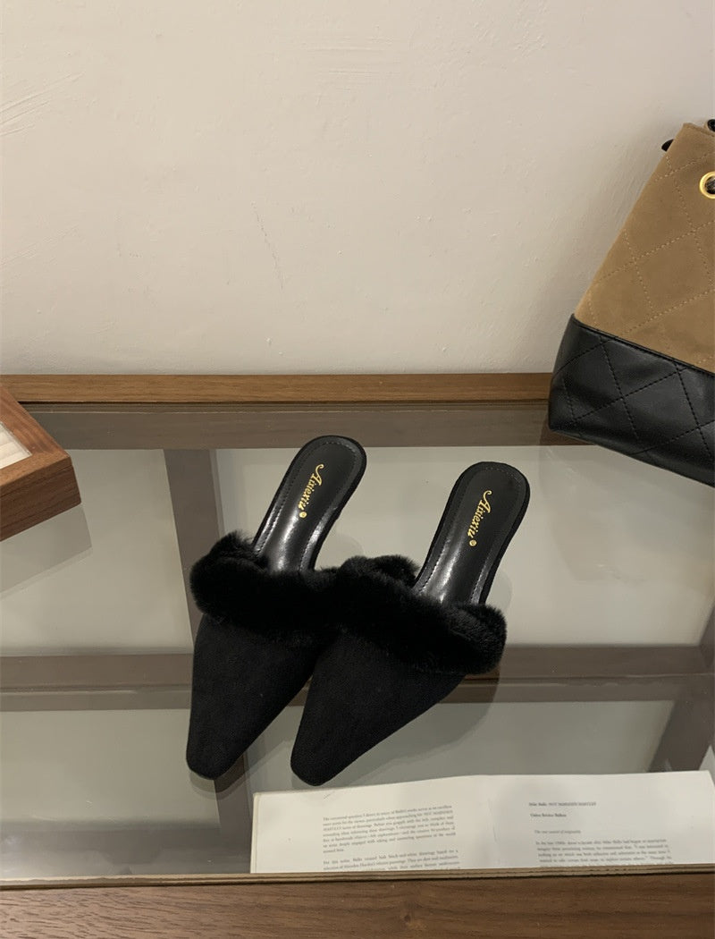 Velvet Furry Kitten Heels Mules