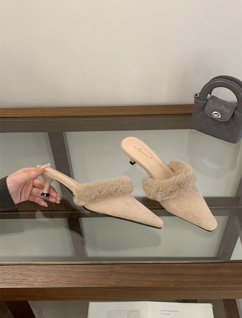 Velvet Furry Kitten Heels Mules