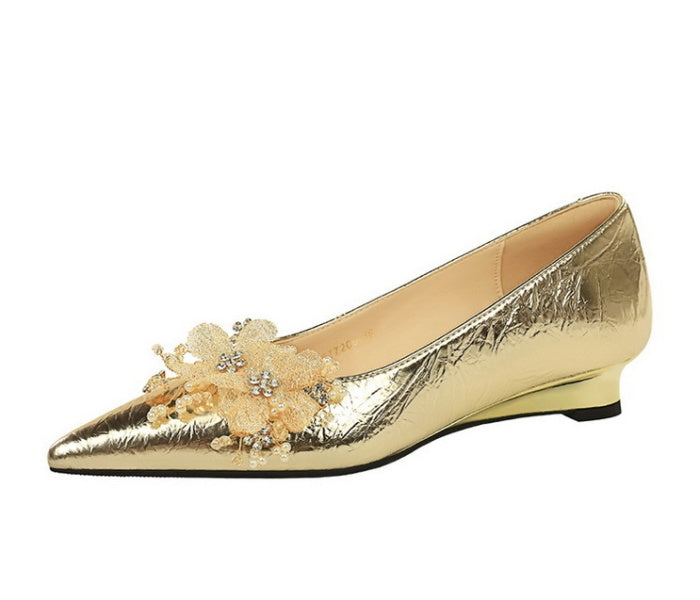 Floral Embellishments Golden Wedge Heels