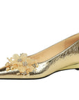 Floral Embellishments Golden Wedge Heels
