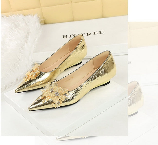 Floral Embellishments Golden Wedge Heels