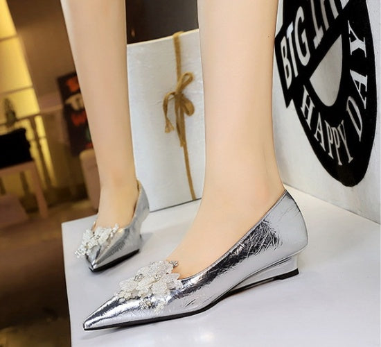 Floral Embellishments Silver Wedge Heels