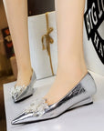 Floral Embellishments Silver Wedge Heels