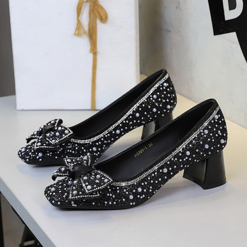 Crystal Studded Bowknot Block Heels