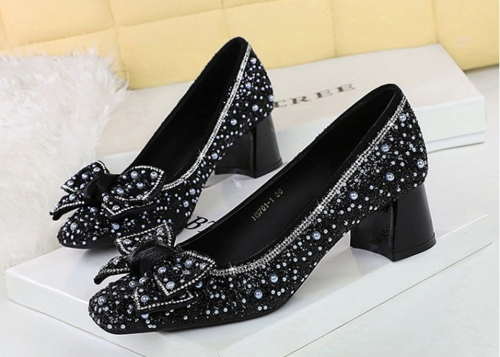 Crystal Studded Bowknot Block Heels