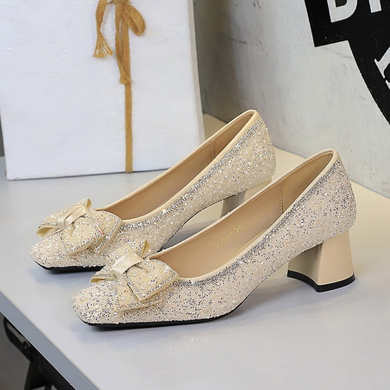 Crystal Studded Bowknot Block Heels