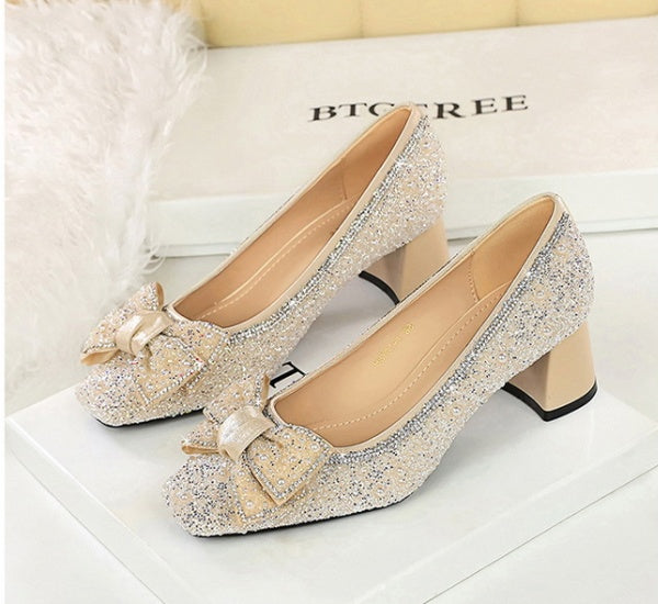Crystal Studded Bowknot Block Heels
