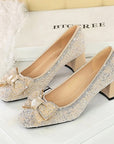 Crystal Studded Bowknot Block Heels