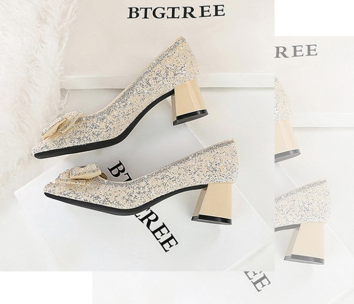 Crystal Studded Bowknot Block Heels