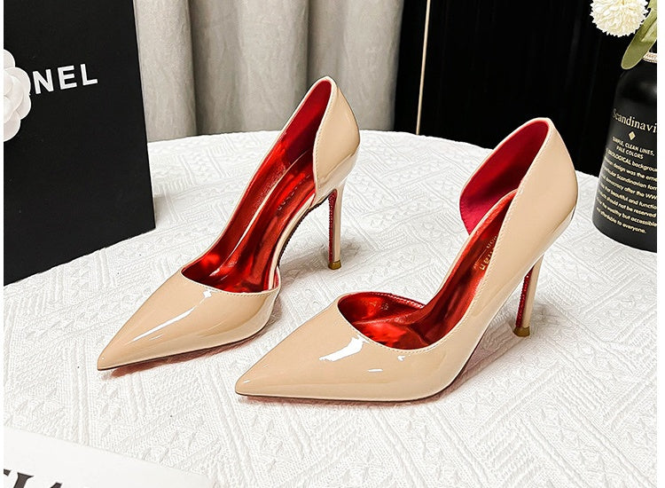 Classic Louboutin Red Bottom Glittery Side Hollow Heels- Superior