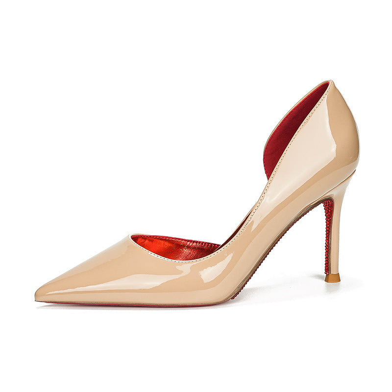 Classic Louboutin Red Bottom Glittery Side Hollow Heels- Superior