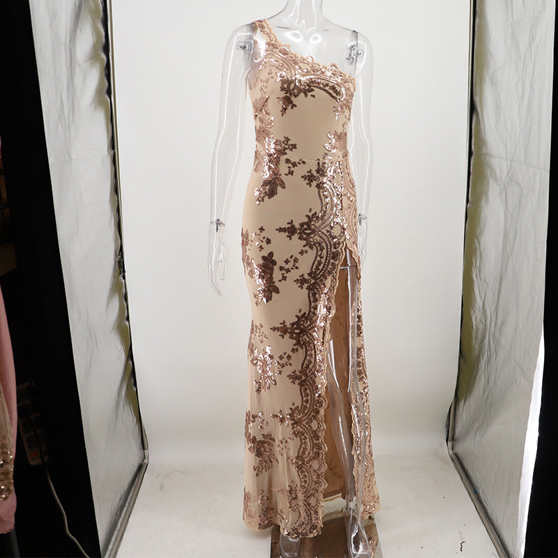 Floral Sequin High Slit Party Gown