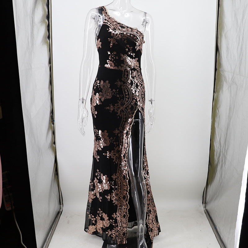 Floral Sequin High Slit Party Gown