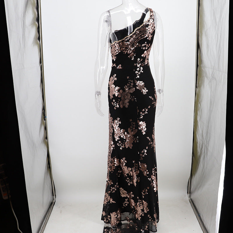 Floral Sequin High Slit Party Gown