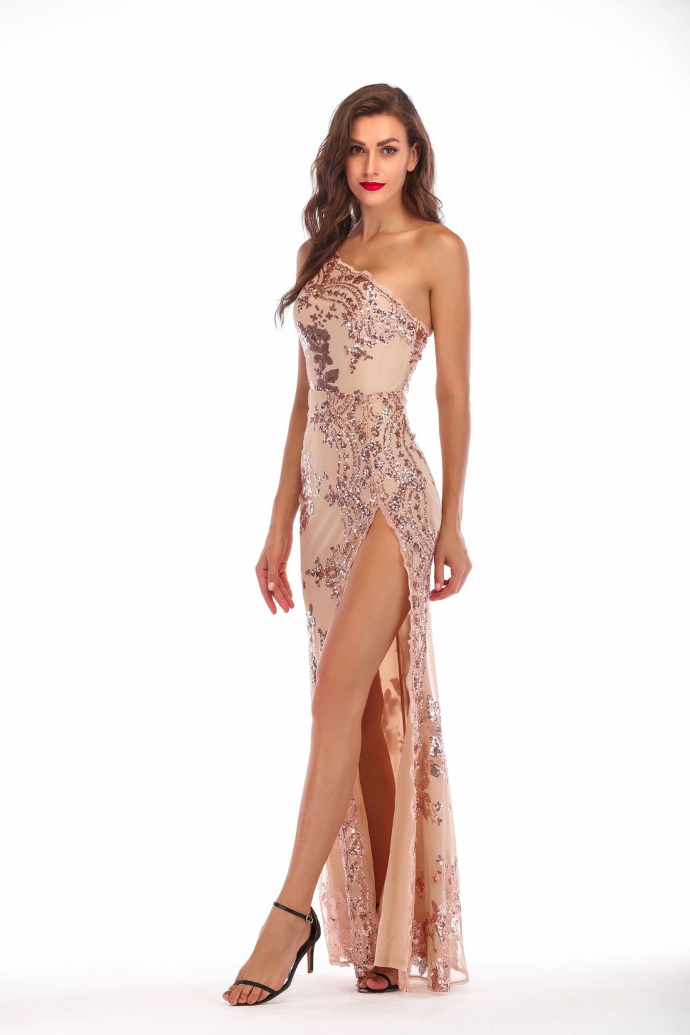 Floral Sequin High Slit Party Gown