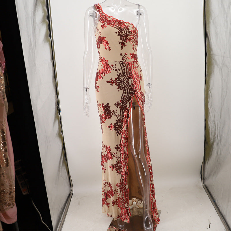 Floral Sequin High Slit Party Gown