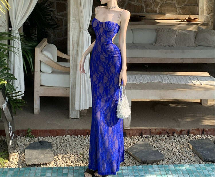 Blue Lace Maxi Dress with Back Detail